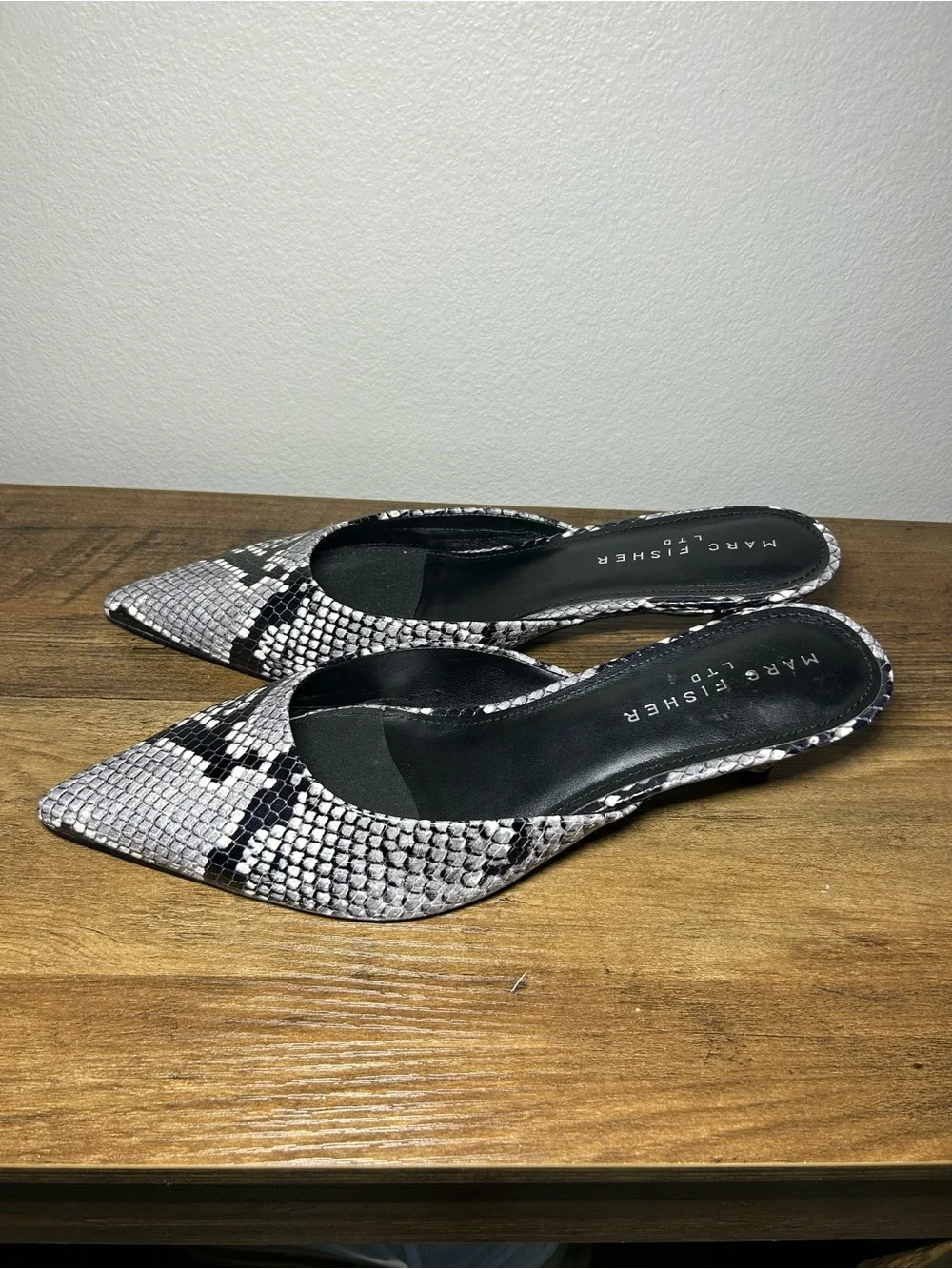 Marc Fisher Snake-Print Pointed Toe Mules in Black and Gray